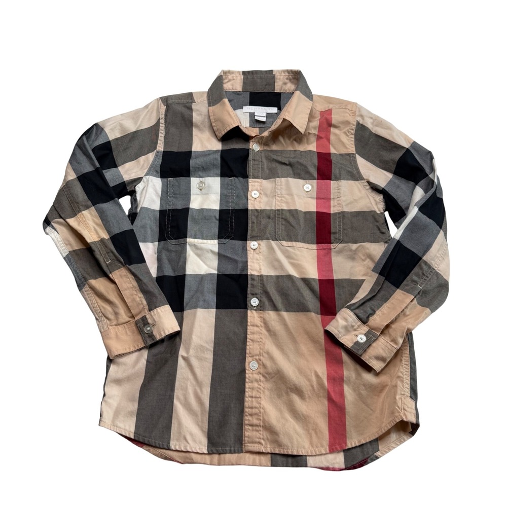 BURBERRY Boy's Button Down Plaid Shirt Beige Mega Check Boys Size 8Y Nova Check